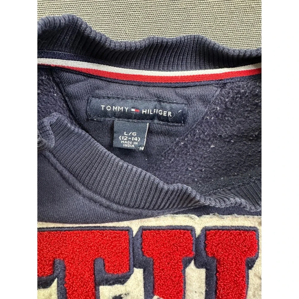 VT Tommy Hilfiger Kids Navy Blue Varsity TH Patch Crewneck Sweatshirt Pullover L